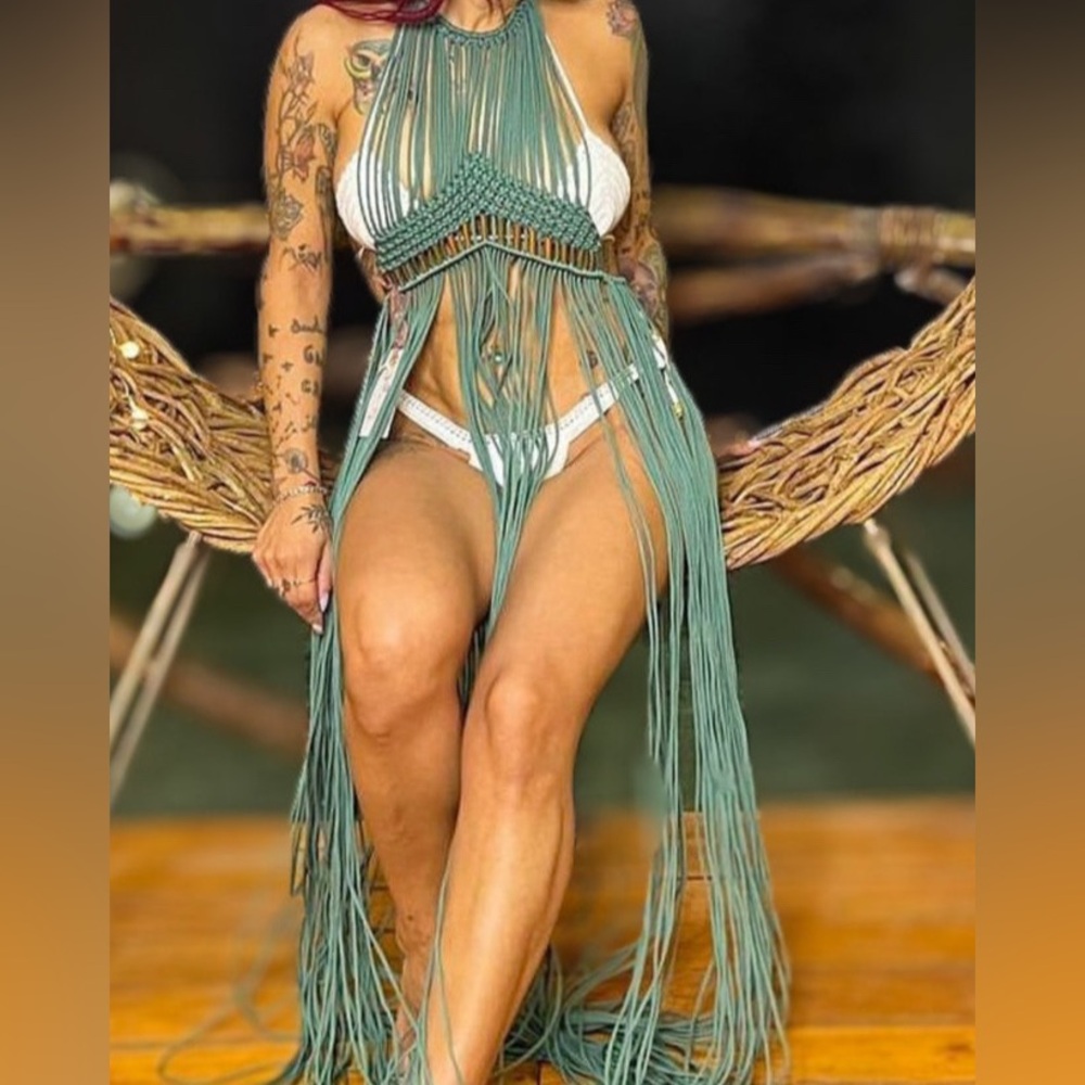 Handmade Festival Dress Macrame Cover Up BEIGE 
Boho Festival Fringe New in Box - Picture 7 of 8